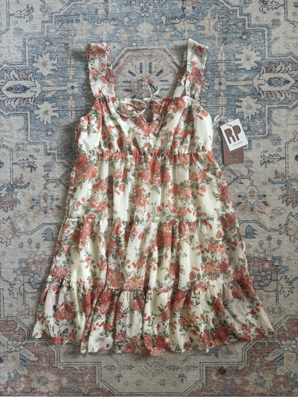 RP Floral Tiered Mini Dress in Cream and Coral